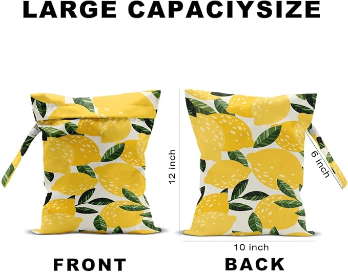 2Pcs Lemon Orange Print Wet Bags, Wet Dry Bag Reusable for Swimsuit, Travel, Diapers, Beach, Dirty Yoga Gym Clothes, Toiletries, Makeup Bag, Waterproof Birthday Christmas Gifts