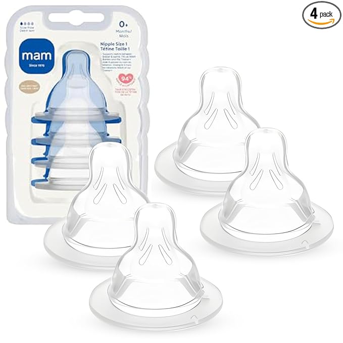 MAM Baby Bottle Nipples Slow Flow Size 1, for 0+ Month Newborn Babies, Skin Soft BPA Free Silicone, 94% Nipple Acceptance, Fits All MAM Bottles, Developed with Medical Experts, 4 Pack, Made in Europe