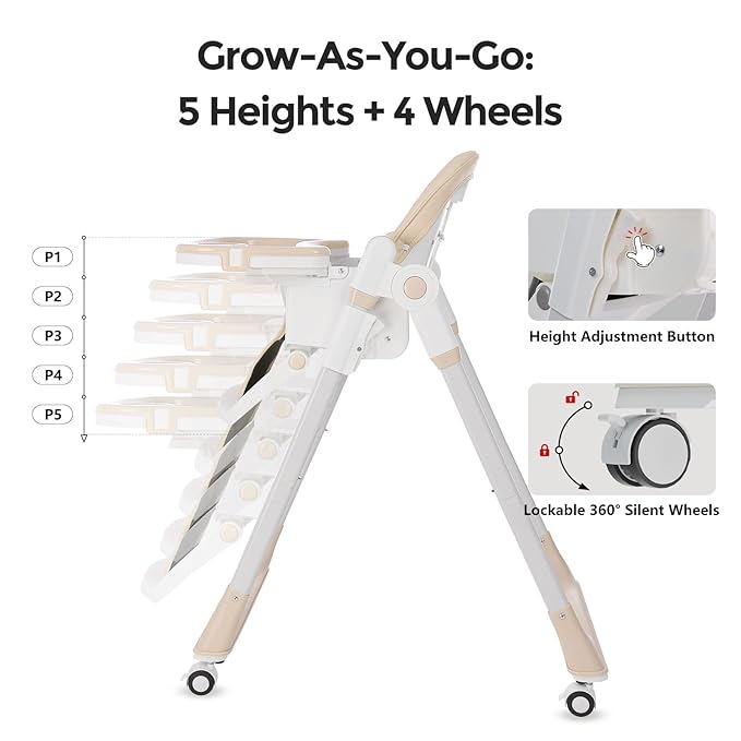 Cochildor 3-in-1 Foldable High Chair for Babies & Toddlers – Adjustable Height, Reclining Seat, 5-Point Safety Harness, Removable Tray, Lockable Wheels and Washable Cushion, Beige