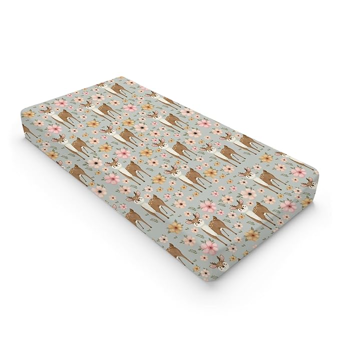 Cute Deer Boho Retro Floral Changing Pad Covers Cartoon Deer Diaper Change Table Pad Cover Sheets for Boys Girls Ultra Soft Breathable Stretch Changing Mat Sheets Cover 32''x16''