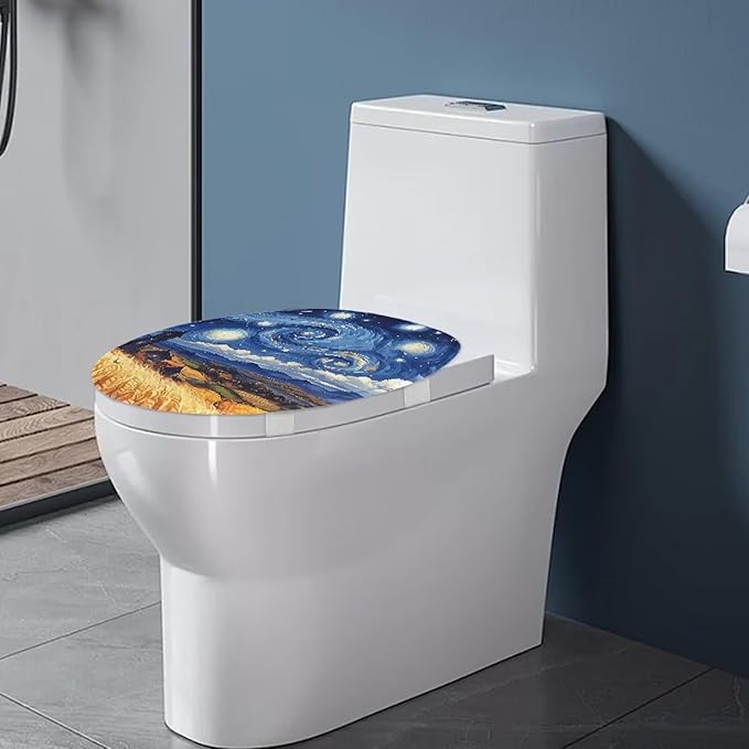Toilet Lid Covers Flannel Fabric Breathable Toilet Seat Covers Starry Night Oil Painting Toilet Lid Cover Dustproof Seat Covers Keep Clean Tidy Reusable Toilet Protector