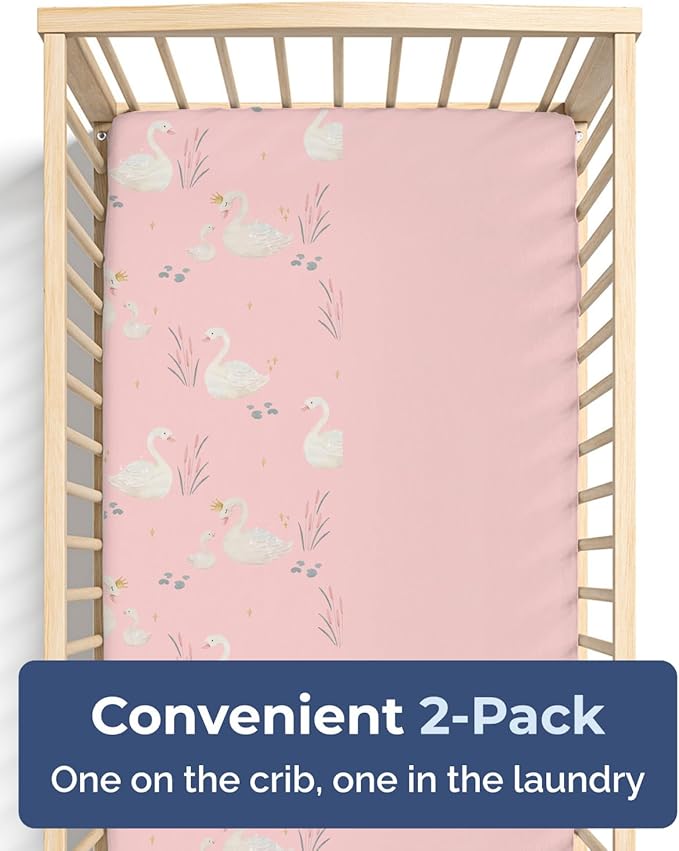 2-Pack Mini Crib Sheets Fitted - Pack N Play Sheets for Pack and Play Mattress - Stretchy Soft Microfiber Playard Bedding - Mini Toddler Bed Cover Boys & Girls - Easy-Fit, Oeko-Tex - 38 x 24in - Swans