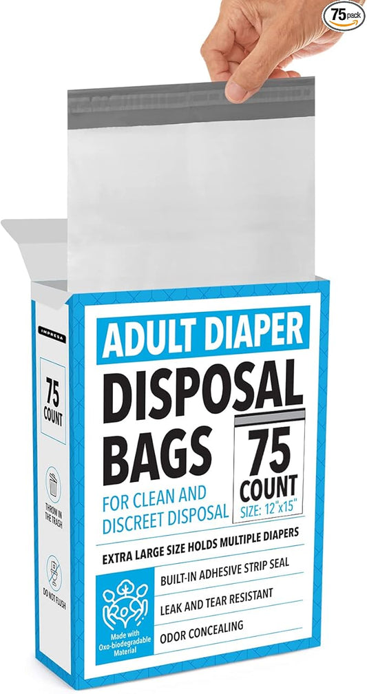 IMPRESA Disposable Adult Diaper Bags - 12 x 15 in, Pack of 75 Leak-Proof, Tear-Resistant & Odor-Proof Adult Incontinence Disposal Bags - Unscented