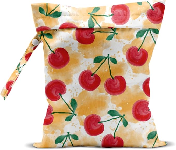 Wet Bag, Wet Dry Bag, Waterproof Swim Bags, Machine Washable Reusable Bags for Beach, Pool, Diapers, and Dirty Yoga Gym Clothes(Watercolor Cherry & Yellow Splash Pattern