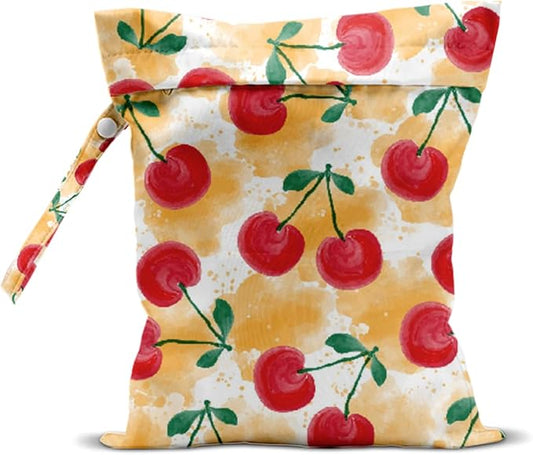 Wet Bag, Wet Dry Bag, Waterproof Swim Bags, Machine Washable Reusable Bags for Beach, Pool, Diapers, and Dirty Yoga Gym Clothes(Watercolor Cherry & Yellow Splash Pattern
