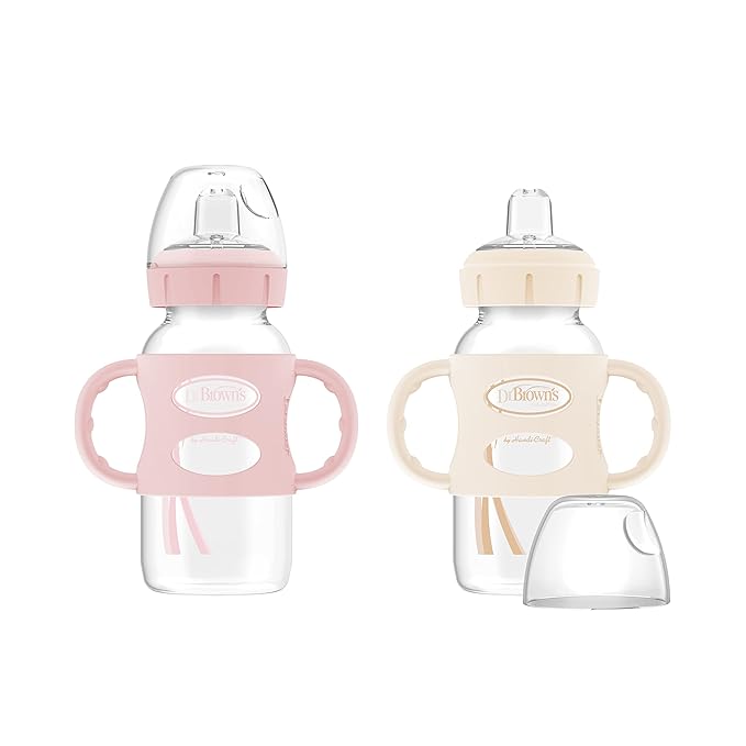 Dr. Brown's Milestones Wide-Neck Sippy Bottle with 100% Silicone Handles, Easy-Grip Bottle & Milestones Baby’s First Straw Cup, Training Cup with Weighted Straw, Coral, 6m+