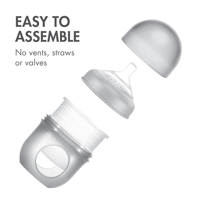 Boon Nursh Reusable Silicone Baby Bottles with Collapsible Pouch - Stage 1 Slow Flow - Gray & Blue - 4 Oz - 3 Count Each