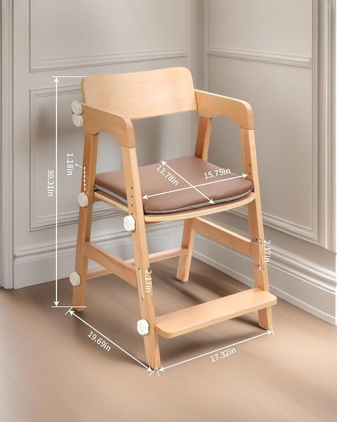 Wooden High Chair for Toddlers, Kids Restaurant High Chair Wood for Dining and Studying, Wooden High Chairs with Adjustable Seat, Backrest and Footrest, 300 Lb Capacity