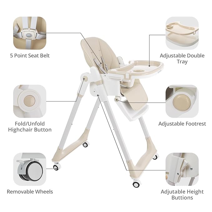Sunchild 3-in-1 Baby High Chair with Wheels, 5-Point Harness, Tray, Footrest, and Backrest, Foldable and Adjustable for Toddlers 6-36 Months, Beige