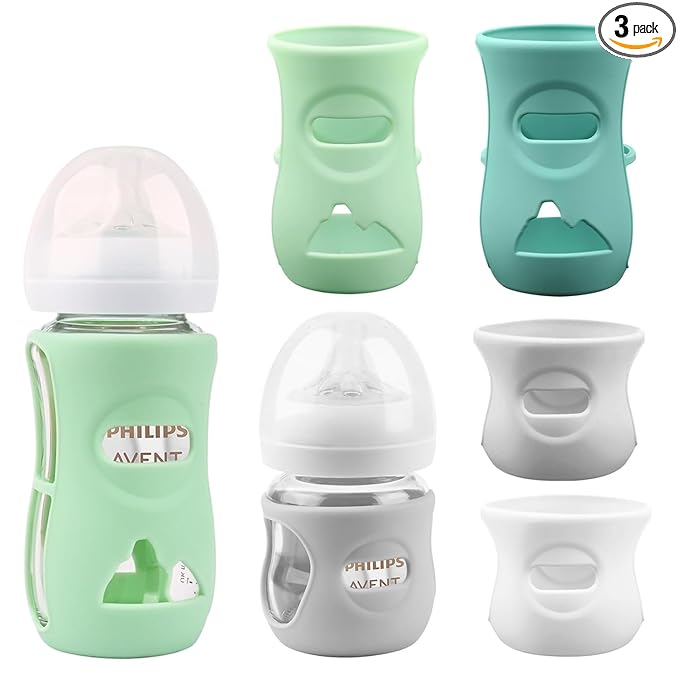Silicone Sleeves for Avent Glass Natural Baby Bottle,4 Pack Bottles Shatter Proof Bottle Covers,Anti Flow Holder Compatible Baby Bottle 4 oz & 8 oz,BPA Free(Grey+White+Blue+Green)