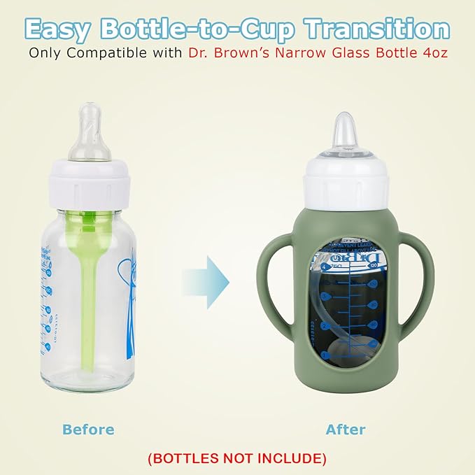 Sippy Straw Cup Conversion Kit with Silicone Sleeves for Dr. Brown's Narrow Glass Baby Bottle 4oz,Anti Breakage Baby Bottles Replacement Kit with Handle and Soft Sippy Spout,6m+,Set of 3
