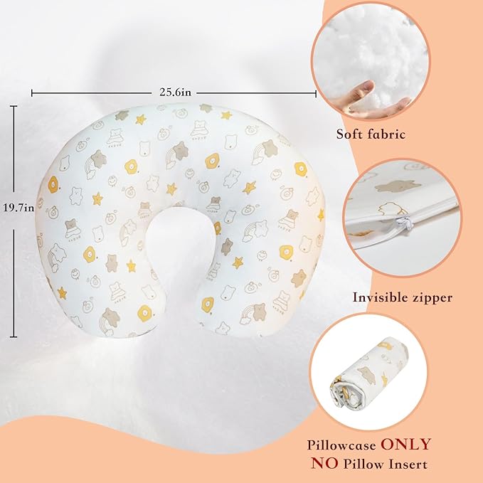 Nursing Pillow Cover(Only Pillowcase) Soft Cotton Removable Cover for Breastfeeding Pillows, Ultra Comfortable Breathable Slipcover for Newborn Baby Girl and Boy (Yellow Star)