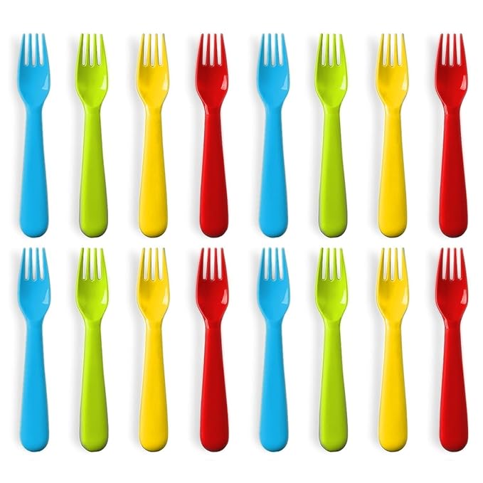 Plaskidy Plastic Toddler Forks - Set of 16 BPA Free/Dishwasher Safe Kids Utensils Brightly Colored Flatware Great for Kids