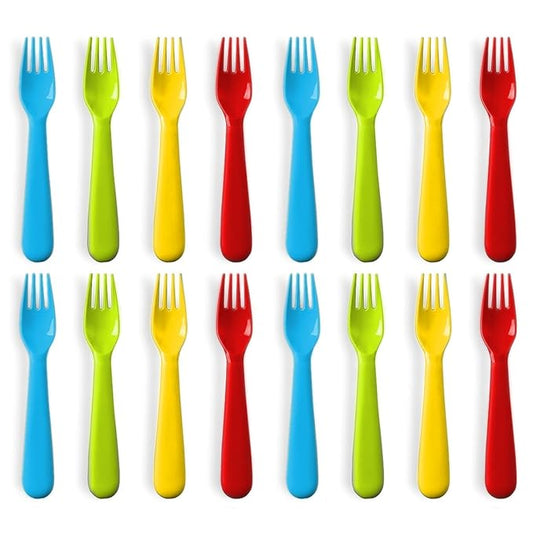 Plaskidy Plastic Toddler Forks - Set of 16 BPA Free/Dishwasher Safe Kids Utensils Brightly Colored Flatware Great for Kids