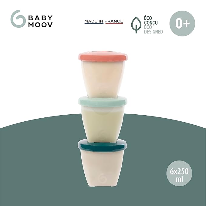 Babymoov Eco-Friendly Baby Food Jars | Set of 6 (8.45oz Each) BPA-Free Storage Containers | Made from Biosourced Sugar Cane | Leakproof Silicone Lids | Microwave, Freezer & Dishwasher Safe