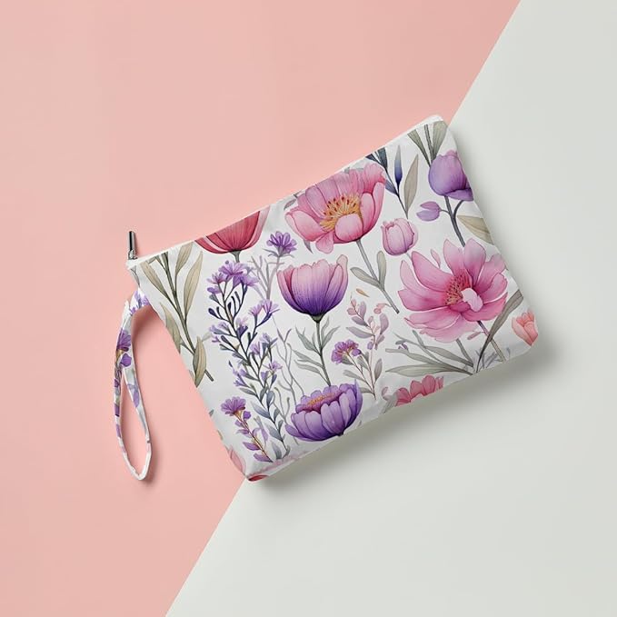 Fokongna Floral Print Wet Bag, Small Portable Waterproof Multi-Functional Organizer for Women, Pink Purple Ombre Flora, Ideal for Daily, Beach & Travel