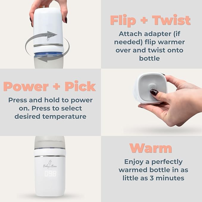 Baby's Brew Portable Bottle Warmer with Adapter Set – Cordless Baby Bottle Warmer for Breastmilk & Formula, Rechargeable, Leak-Proof, Travel-Friendly Milk Warmer, Pink