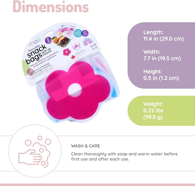 melii Shaped Reusable Snack Bags. Pack of 6 Leakproof Bags for Sandwiches, Snacks, Food Storage and More - Unicorn, Flower, Rainbow