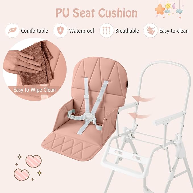 BABY JOY Foldable High Chair, Portable Highchairs for Babies and Toddlers with 3-Position Adjustable Tray & Footrest, Removable Seat Cushion, 5-Point Safety Harness, Space Saving Design (Pink)