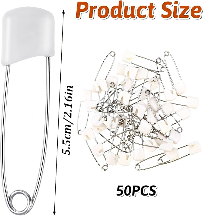 50 Pcs Diaper Pins, 2.2 Inch Plastic Head Safety Pin with Safe Locking Closures, Cloth Diaper Nappy Pins with Locking Closures Stainless Steel