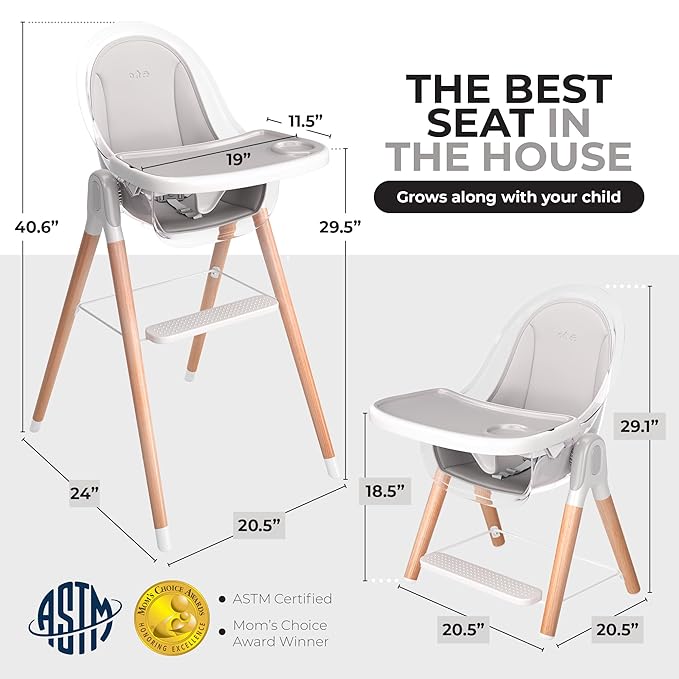 6 in 1 Deluxe Wooden High Chair for Babies & Toddlers, Modern Safe & Compact Baby Highchair, Easy to Clean & Assemble Removable Tray & Cushion, 6 Options 3 Seat Positions 2 Heights