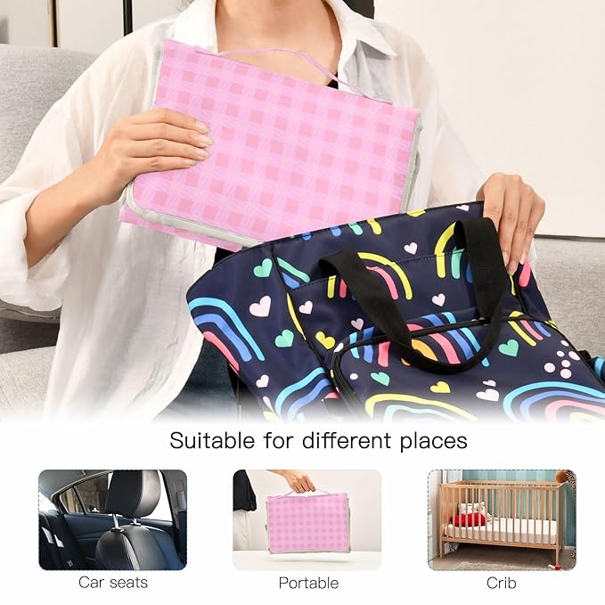 Portable Diaper Changing Pad Travel Baby Changing Mat Waterproof Diaper Changing Mat Foldable Lightweight Baby Changer with Built-in Pillow Checkered Pink 01