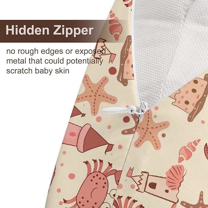 Cartoon Ocean Beach Crab Starfish Seashells Sandcastle Pattern Nursing Pillow Cover, Unisex Removable Breastfeeding Pillowcase Slipcover for Baby Girls Boys Newborns Toddlers, Cover Only
