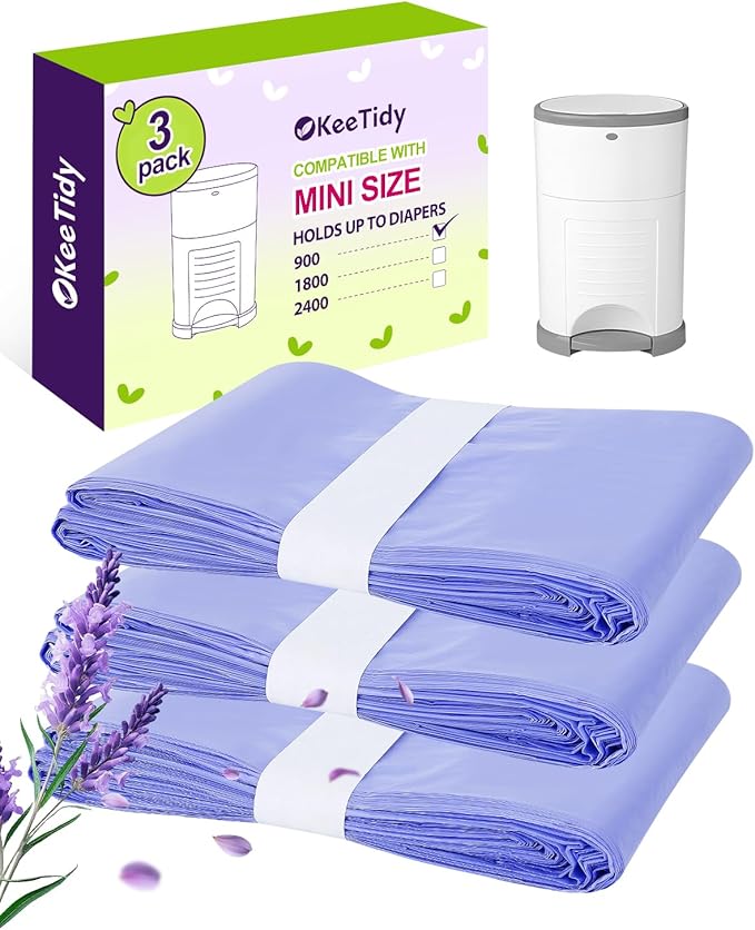 Diaper Bags Disposable Compatible with DEKOR MINI Diaper Pails, 20% Extra Length Diaper Trash Bags with Lavender Flavor, Holds up to 900 Diapers, 3 Pack