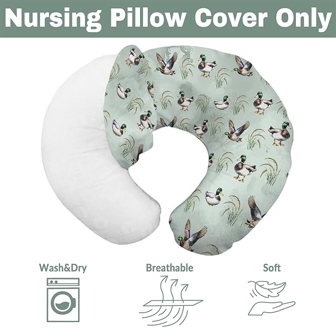 Vintage Mallard Ducks Baby Nursing Pillow Covers for Boy Girl Hunting Duck Green Leaves Nursing Slipcovers for Breastfeeding Pillows Soft Stretchy Removable Covers for Newborn Infant Nursery