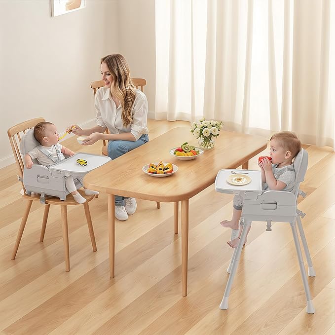 Obee Odee 3-in-1 Portable Baby High Chair for Babies and Toddlers, Convertible Easy Clean Infant Foldable Highchair with Adjustable Legs & Dishwasher Safe Tray, Grey