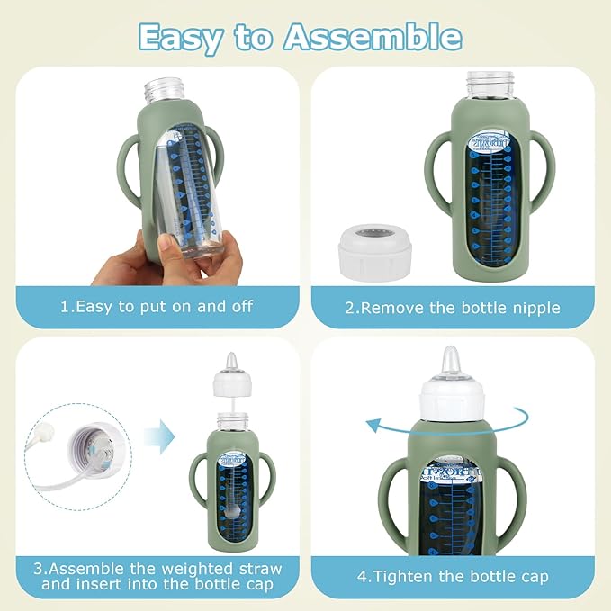 Dr. Brown's Sippy Straw Cup Conversion Kit with Silicone Sleeves for Narrow Glass Baby Bottle 8oz, Weighted Straw Replacement Kit with Soft Sippy Spout and Handle, 6m+, Set of 3