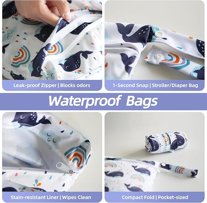 3 PCS Waterproof Wetbag, Wet Bags for Baby Cloth Diapers and Soiled Clothes, Reusable Wet Bag for Swimsuit and Towels with Double Zipper Pockets, Travel Beach Pool Essentials