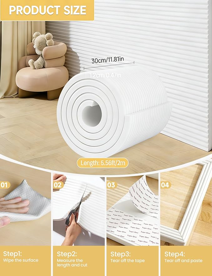 11.8''W Extra-Wide Edge Protector, 6.56FT 0.47''Th Baby Proofing Corner Guards, Safety Furniture Bumper, Pre-Taped, Thick Soft Rubber Foam Padding for Fireplace Table Stair Cabinet (White Gray)