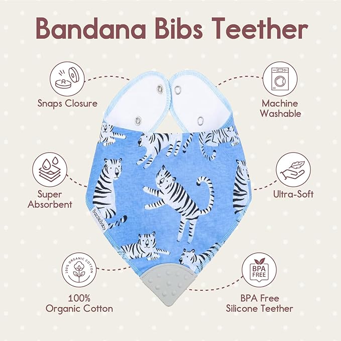 Bazzle Baby Bandana Teething Bibs 4-Pack – Cotton Drool Bibs for Boys & Girls, Silicone Teether for Teething Relief, Adjustable & Absorbent Baby Bibs for Drooling (Zion)