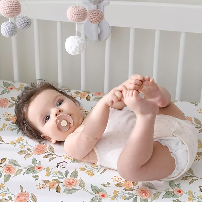 BROLEX Baby Fitted Crib Sheets: Kid Crib Sheets - Set of 2 for Toddler Standard Size Crib Mattress for Boys and Girls - Jersey Knit Crib Bed Sheets Rose & Foliage