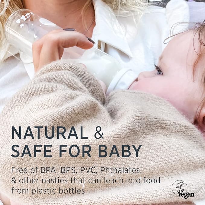 HEVEA Standard Neck Glass Baby Bottles - Natural Rubber Medium Flow Nipples - Anti Colic Baby Bottles for Breastfeeding Babies - Newborn 0+ Months - BPA-Free, Two-Pack (4 Oz)