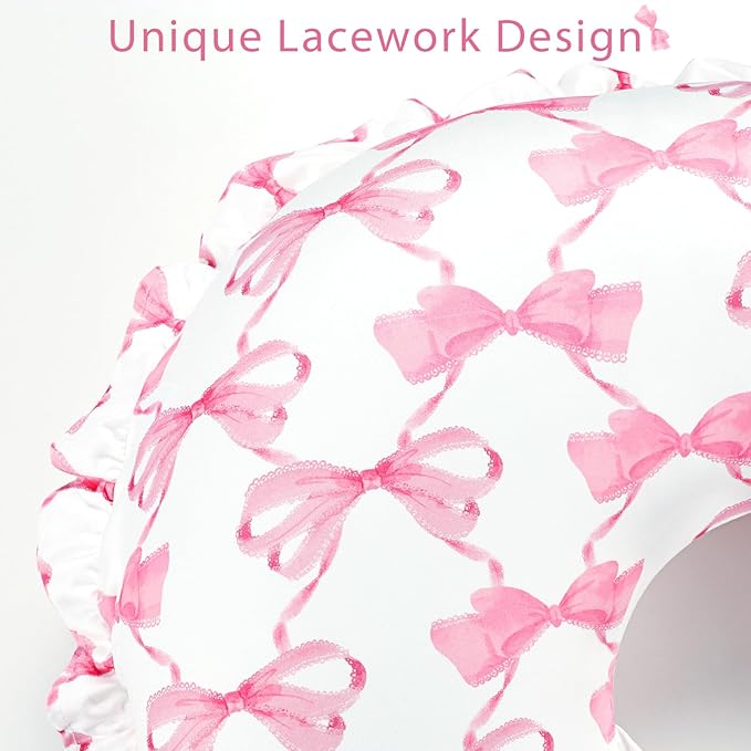 Ruffle Nursing Pillow Cover, Removable Stetchy Case for Breastfeeding Pillows, Ultra Soft and Breathable Feeding Pillow Slipcover with Modern Design Lace for Infant Girls Boys, Pink Bow