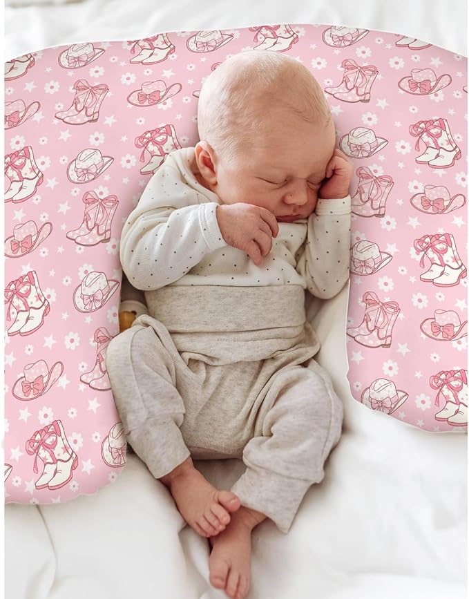 Pink Floral Bows Cowgirl Boots Hat Baby Nursing Pillow Covers for Girl Boho Western Cowgirls Stars Nursery Slipcover for Breastfeeding Pillows Country Soft Stretchy Removable Cover for Newborn Infant