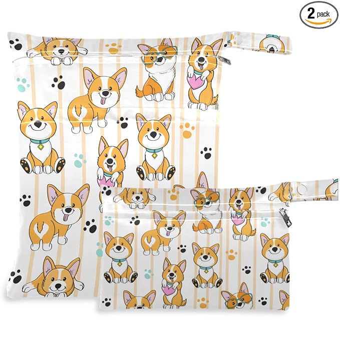 visesunny Corgi Dog 2Pcs Wet Bag with Zippered Pockets Washable Reusable Roomy for Travel,Beach,Pool,Daycare,Stroller,Diapers,Dirty Gym Clothes, Wet Swimsuits, Toiletries