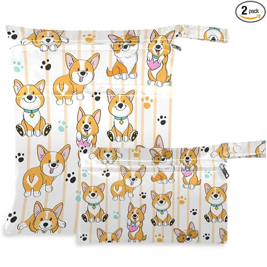 visesunny Corgi Dog 2Pcs Wet Bag with Zippered Pockets Washable Reusable Roomy for Travel,Beach,Pool,Daycare,Stroller,Diapers,Dirty Gym Clothes, Wet Swimsuits, Toiletries