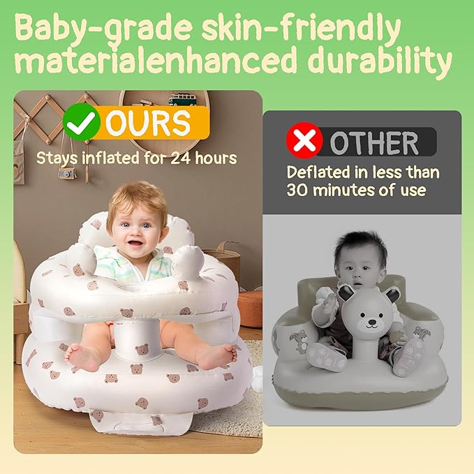 Inflatable Baby Seat for Babies 3-36 Months, Aloxina Sit Me Up Floor Chair with Built-in Air Pump, Squeaky Ears & Full Surround Design, Infant Support Seat for Sitting & Feeding (Bear)