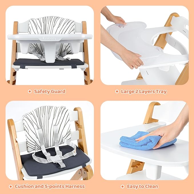 Ezebaby Wooden High Chair for Babies and Toddlers, Foldable High Chair with Adjustable Seat Height and Footrest, Grows with Your Child, Cushion and Large Double Layer Tray(White)