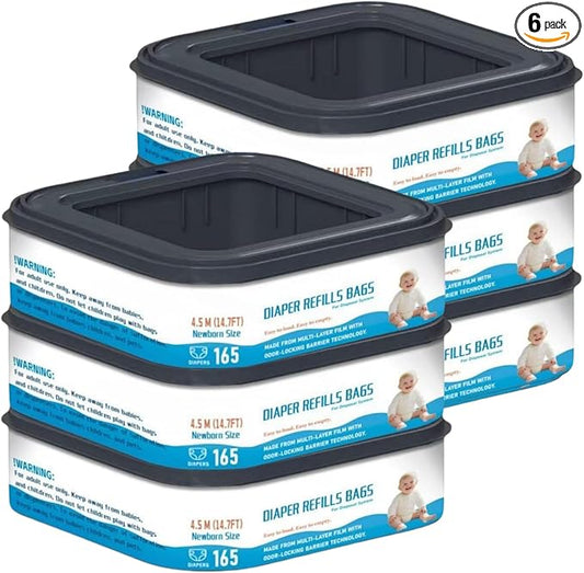 6 Packs-Square Starter Refills Disposal Bags Refill Compatible with Diaper Genie Classic, Compact and Select Pails, Hold Up to 165 Newborn-Sized Diapers Per Refill