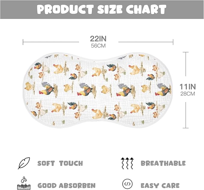 Muslin Burp Cloths for Baby Boys and Girls - 4-Pack Ultra Absorbent Rustic Retro Chickens Rooster Muslin Washcloths, Newborn Towel, Milk Spit Up Rags, Burp Cloth Bib for Unisex, 22 x 11 Inch