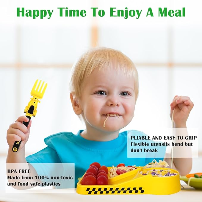 Construction Utensils for Toddlers - Motorcycle Toddler Forks - for Utensils Gift - Forks and Spoons Silverware Set - Ideal for School Lunch, Travel, Outdoors - Yellow
