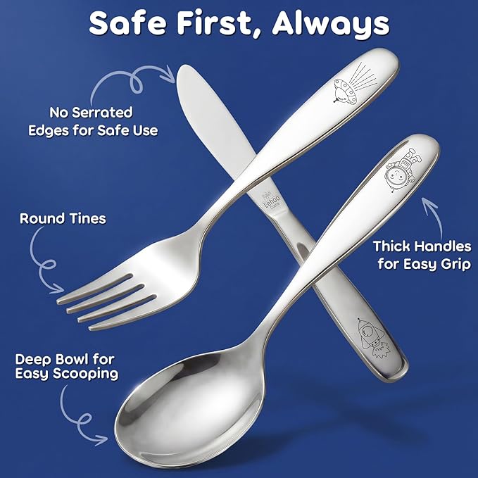 Lehoo Castle Toddler Eating Utensils 6-Piece | Stainless Steel Kids Utensils for Ages 3+, Toddler Spoons and Forks Knife Set, Children Safe Flatware for Self Feeding (Space)