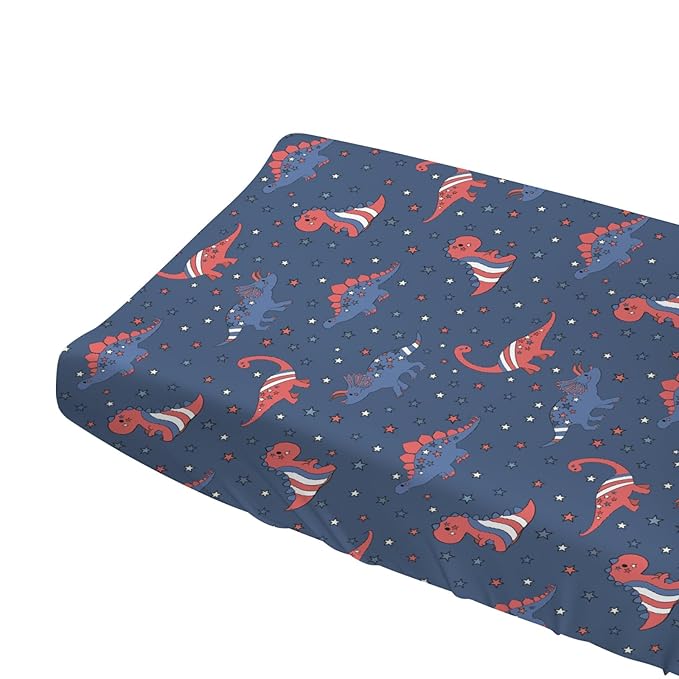 Patriotic Dinosaurs Baby Changing Pad Covers for Boy Girl 32''x16'' Cartoon Dinosaur American Flag Stars Unisex Fitted Diaper Changing Table Sheets Comfort Soft Breathable Baby Changing Table Mats