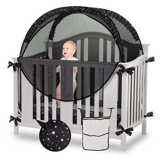 Safety Pop Up Crib Tent Cover to Keep Toddler from Climbing Out - Baby Bed Star Net Canopy with Mesh Organizer