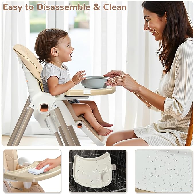 Ktaxon Folding Baby High Chair, Adjustable Height Highchair with Backrest, Dual-Layer Tray and 5-Point Safety Harness for Toddlers & Babies, Beige