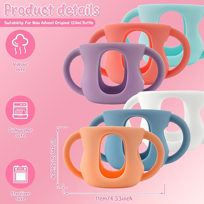 6Pcs Baby Bottle Handles, Drop Resistant Glass Baby Bottle Sleeves, Anti Slip and Heat Resistant Baby Bottles Silicone Sleeves for Avent 120ml